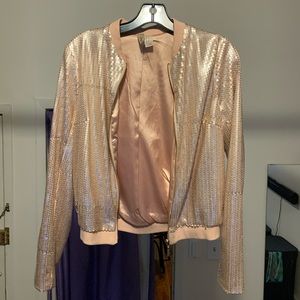 Sequin Bomber Style Zip Up Jacket In Pinkish Blush Rose Gold, Small